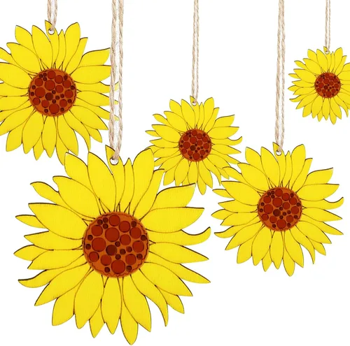 Vista 3 de 10 piezas de madera sin terminar con forma de girasol, piezas de discos de rebanadas para manualidades, decoración de primavera