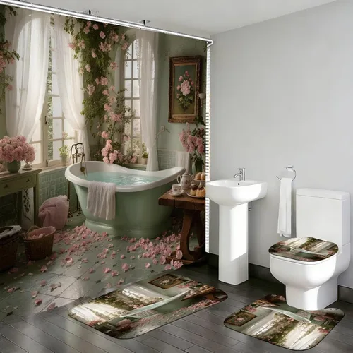 Vista 7 de DDQQ Juego de 4 Piezas de Cortina de Ducha de Labios Sexy para Mujeres con Lazo de Perlas, Juego de Decoración de Baño, Cortinas de Baño de Perfume