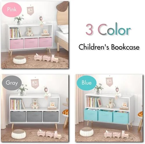 Vista 4 de Estantería infantil con 3 cajones de tela plegables, organizador de almacenamiento de juguetes con múltiples estantes para niñas y niños, habitación