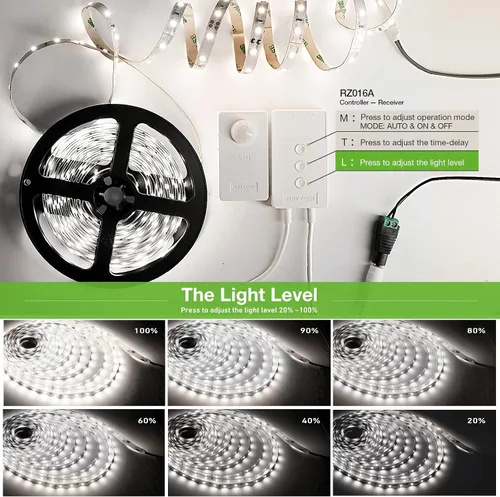 Vista 2 de RAYZEEK Kit de tiras de luces LED inalámbricas activadas por movimiento, regulables de 19.7 pies y adaptador con certificación UL, interruptor