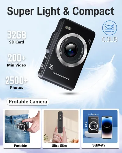 Vista 6 de Cámara Digital, FHD 1080P Cámara para Niños Digital con Zoom 16x Anti Vibración, Tarjeta de 32GB, 4K 48MP Cámaras Compactas Portátiles de Apuntar