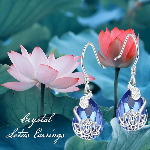 Vista 6 de Aretes de loto de plata de ley 925 con diseño de loto, aretes colgantes de loto azul zafiro, regalo de joyería para mujeres y niñas, Plata de ley