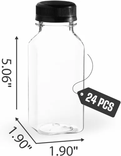 Vista 2 de Botellas de plástico Hammont con tapas - Botellas transparentes de PET para café helado y jugo, paquete de 24 - Botella reutilizable para jugos