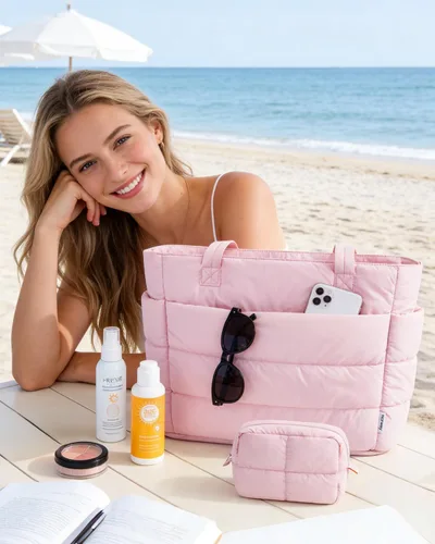 Vista 2 de Narwey Bolsa de mano acolchada de nailon para mujer, bolsa de mano Rosa