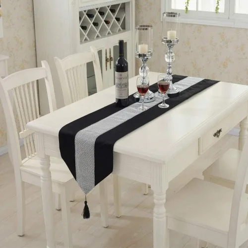 Vista 4 de TM - Camino de mesa para decoración de boda, con tira de diamantes y borlas, 13 x 72 pulgadas