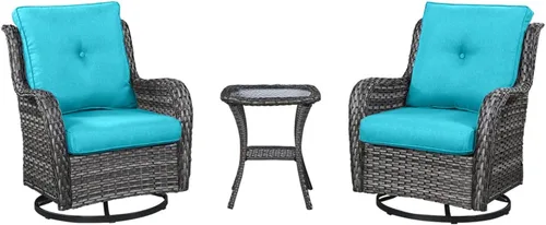 Vista 31 de HUMMUH Juego de 2 Sillas Giratorias Mecedoras de Mimbre para Patio Exterior, Juego de Muebles de Sillas Mecedoras de Ratán (Marrón, Azul) 50,000