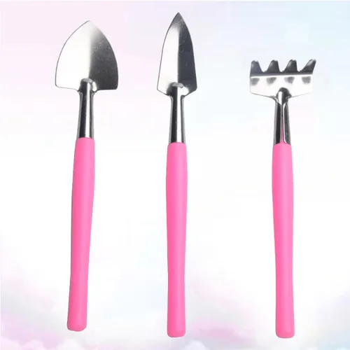 Vista 5 de jojofuny Práctica mini herramienta de jardín, mango de plástico antideslizante rosa con pala de hierro y rastrillo para plantar macetas