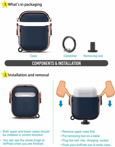 Vista 5 de funda para AirPods 1ra y 2da generación, funda Airpod con clip de llavero de cierre seguro, funda protectora de material híbrido de cuerpo completo