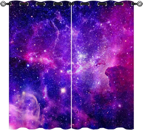 Vista 14 de Cortinas opacas de nebulosa galaxia para niñas y niños, decoración del hogar, universo galáctico, galaxias espaciales, planeta, ojales, cortinas