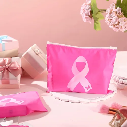Vista 6 de Abbylike 100 bolsas de maquillaje para concientización sobre el cáncer de mama, bolsas de cosméticos a granel con cinta rosa, regalos