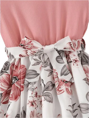 Vista 4 de OYOANGLE Vestido casual de verano para niña, vestido corto fruncido de manga corta con lazo y cinturón acampanado de cintura alta
