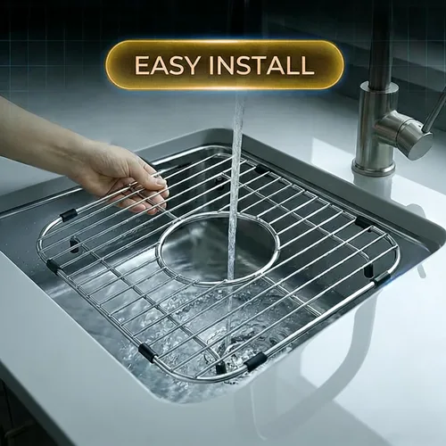 Vista 7 de Protectores de fregadero de acero inoxidable para fregadero de cocina, estante de fregadero de metal de 12.25 x 11.5 pulgadas con orificio