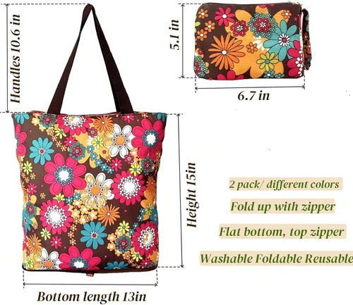 Vista 2 de Bolsas de compras reutilizables para cocina, plegable, con cremallera, diseño floral, resistente, paquete de 2