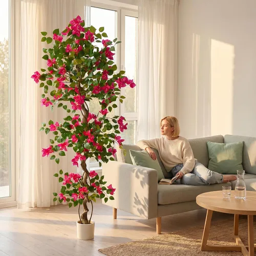 Vista 5 de Warmplants Árbol de buganvilla artificial de 6 pies con maceta blanca Rosa