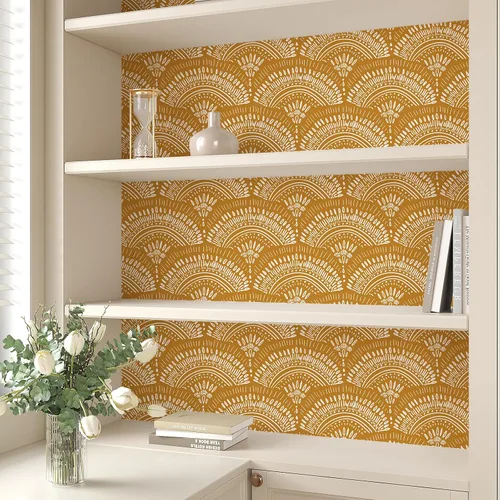 Vista 6 de VEELIKE Papel tapiz geométrico amarillo mostaza para despegar y pegar, papel tapiz geométrico bohemio, extraíble, de 17.7 x 118 pulgadas, apto