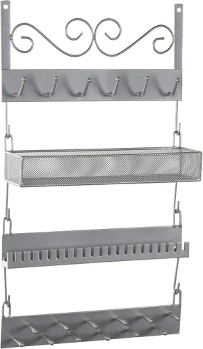 Vista 3 de MyGift Organizador de joyería colgante de metal plateado de 4 niveles con 18 ganchos, soporte para pendientes y collar, estante para exhibición