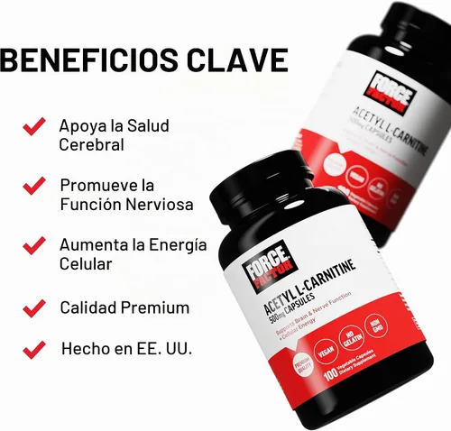 Vista 2 de Force Factor Acetil L-Carnitina Suplemento cerebral y suplemento de apoyo nervioso