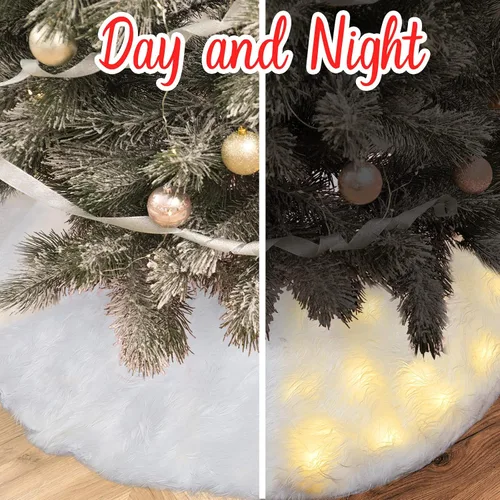 Vista 4 de Lewtemi Falda de árbol de Navidad de 36 pulgadas con luz LED, falda de árbol de felpa de piel sintética, falda de árbol de Navidad iluminada, nieve