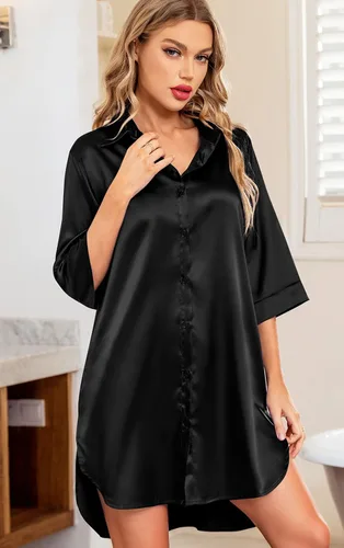 Vista 2 de Samring Camisones de seda para mujer, manga 34, con botones, camisola de satén para dormir