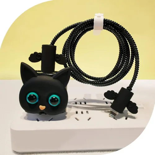 Vista 6 de Protector de cable de dibujos animados para cargador de iPhone, diseño de gato Kawaii 3D, cubierta de cable de línea de datos, protector de cable