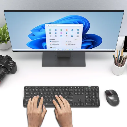 Vista 7 de Arteck Teclado y Ratón Bluetooth Universal Multidispositivo Teclado Bluetooth Inalámbrico de Tamaño Completo y Conjunto de Ratón Ergonómico
