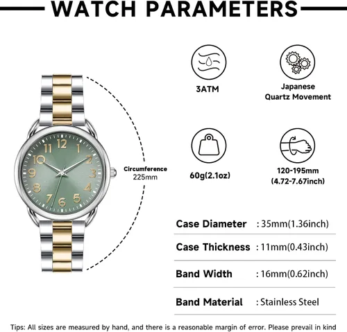 Vista 6 de Bisley Reloj de mujer de 1.378 in de acero inoxidable con cierre magnético, fácil de ajustar, tamaño de muñeca sin herramienta, número arábigo