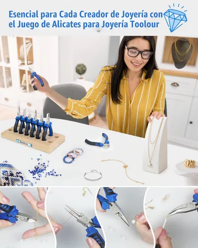 Vista 2 de Toolour Juego de alicates de joyería con soporte de madera, 8 alicates profesionales de alambre para abalorios, fabricante de joyas, manualidades