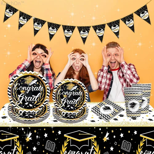 Vista 9 de KatchOn, Platos y servilletas de graduación 2025 – Juego de 25 Platos y servilletas de felicitaciones, vasos, mantel de graduación Suministros