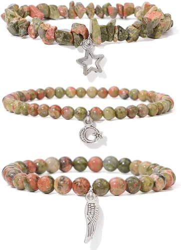 Vista 9 de Juego de 3 pulseras de cuentas de piedra natural para mujeres y hombres, estrellas y luna, alas de ángel, juego de pulseras curativas de reiki