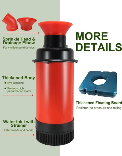 Vista 3 de Aireador de fuente de estanque 1HP, 750 W, 15000 GPH, 110 V-120 V, bomba de fuente de agua flotante con cable de alimentación de 100 pies, color Rojo
