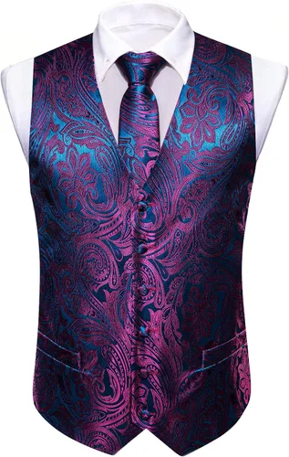 Vista 5 de Barry.Wang Chaleco de traje para hombre Paisley Silk Jacquard Waistcot Tie Set FormalLeisure 5PCS