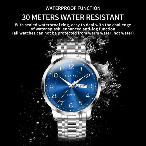 Vista 3 de Relojes de vestir para hombre, reloj analógico impermeable con fecha de día, reloj de pulsera de acero inoxidable de lujo con números arábigos