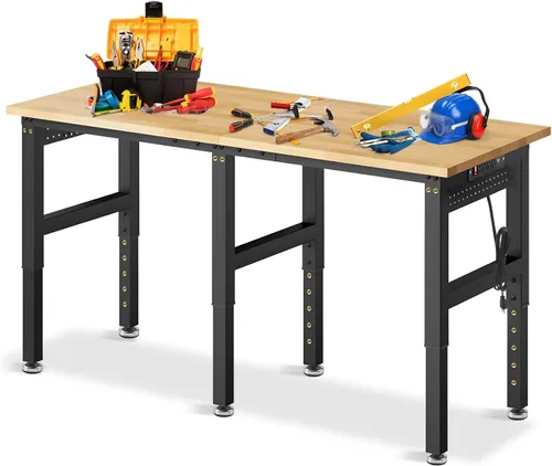 Vista 15 de Banco de trabajo de altura ajustable de 48 x 24 pulgadas, banco de trabajo resistente para garaje con estante debajo de la mesa, mesa de trabajo