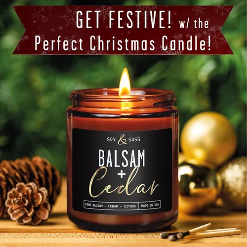 Vista 5 de Vela de bálsamo, velas de Navidad perfumadas – Vela de soja 'bálsamo + cedro', con abeto bálsamo, cedro y cítricos - Infundida con aceites