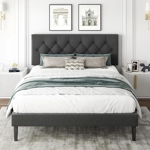 Vista 12 de CXVX Marco de cama de tamaño matrimonial con estructura de plataforma y cabecera tapizada, diseño con botones, listones de madera resistentes,