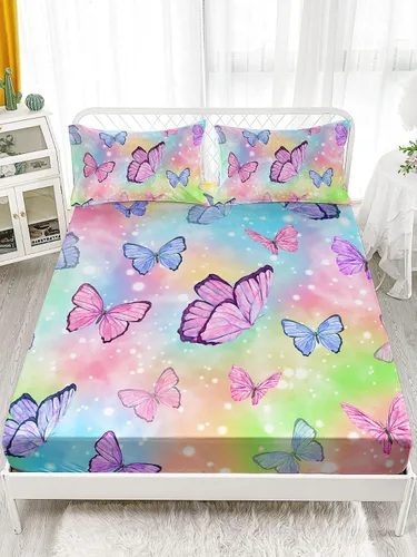 Vista 2 de Datura home - Juego de sábanas bajeras y sábanas encimeras, 4 piezas, colorido juego de ropa de cama con estampado de mariposas arcoíris con 1
