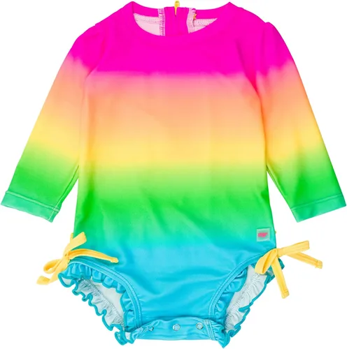 Vista 14 de RuffleButts - Traje de baño de una pieza con protección solar UPF 50+, camiseta de protección floral estampado, manga larga, con cierre zipper