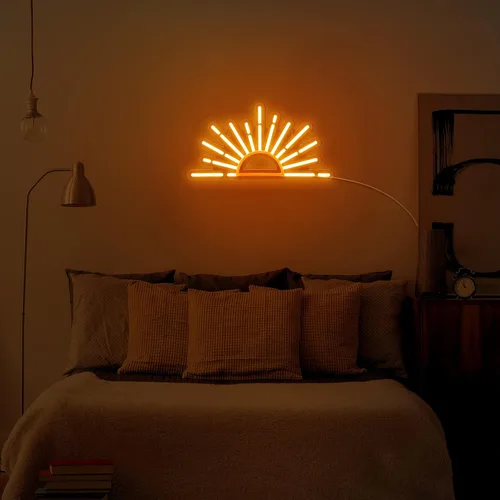 Vista 7 de Ganeen Letrero de Neón Naranja Amanecer Atardecer Arte de Pared Boho Luces de Neón para Dormitorio Sol en el Horizonte Letreros LED de Pared USB