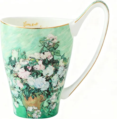 Vista 12 de Taza de café de porcelana de hueso YBK Tech, taza grande de 16oz de té - Diseño inspirado en las pinturas de Van Gogh (flor de albaricoque)