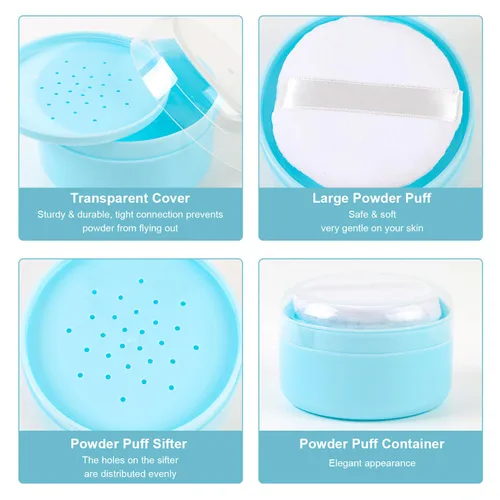 Vista 3 de 2 unidades de soplo de polvo de cuerpo grande y recipiente con tamiz para bebé después del baño, estuche de polvo vacío de talco para mujeres, Azul