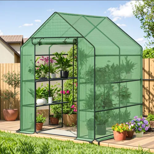 Vista 8 de Invernadero al Aire Libre con Puerta con Malla, Invernadero Resistente para Jardín al Exterior para Plantas de Jardín con Protección UV, Termostato