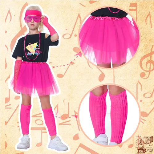 Vista 5 de Yulefly Juego de 9 accesorios de disfraz de los años 80 para niños, camiseta de fiesta, tutú elegante, para cosplay, fiesta de los años 80 para niñas