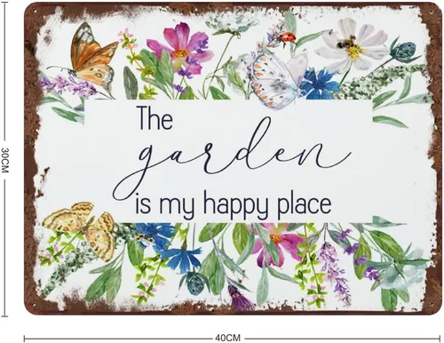Vista 2 de AOLDHYY - Letrero de arte vintage con texto en inglés «The Garden is My Happy Place», letrero de jardinería para el hogar, diseño de flores y flores