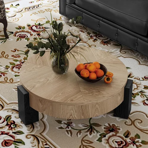 Vista 46 de Mesa de centro redonda de madera de 31.49 pulgadas con almacenamiento, mesa de centro circular acanalada de 2 niveles con tapa y estante para sala