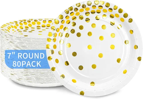Vista 10 de DYLIVeS Plato de papel, paquete de 80 lunares negros y dorados, platos desechables de 7 pulgadas, redondo, casual, para todas las estaciones