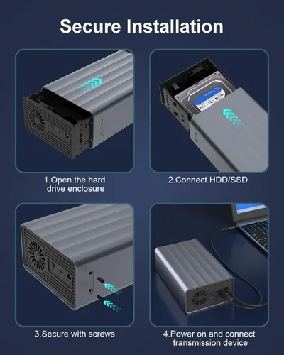 Vista 6 de Caja de disco duro de 2 bahías para disco duro SATA HDD/SSD de 2.5"/3.5" hasta 48 TB, caja de disco duro externo de aluminio con ventilador