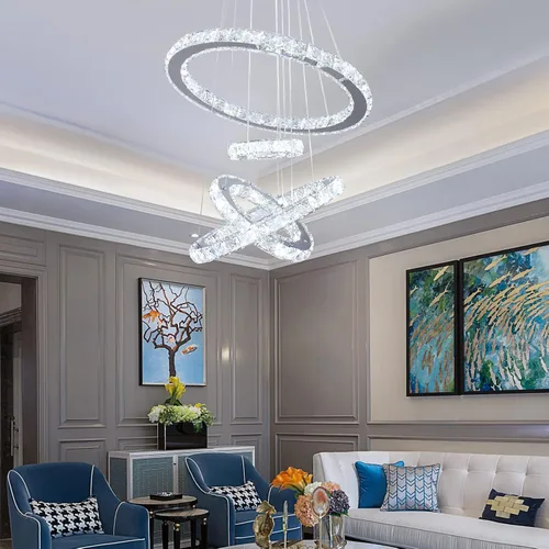 Vista 3 de Candelabros de cristal modernos con anillos LED, luz colgante ajustable, lámpara de techo de acero inoxidable para sala de estar, comedor y Blanco