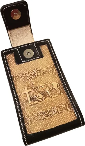 Vista 4 de Western autentic Tooled Leather Mexican Cell Phone Case for Belt. Men and Horse Pray Design. con cierre magnético. Tamaño universal (Capuccino)