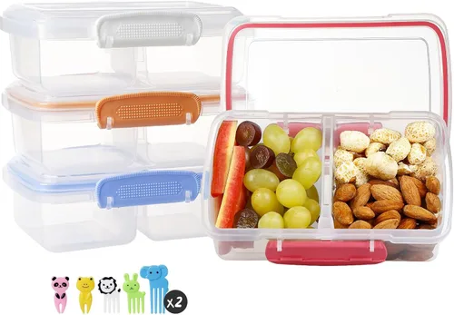 Vista 12 de Paquete de 4 recipientes de plástico para aperitivos con tapas, contenedor de alimentos de 2 compartimentos para caja de aperitivos para niños