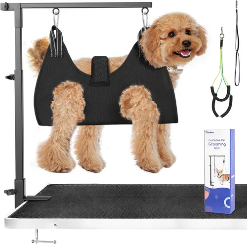 Vista 9 de Pawaboo Brazo de mesa de aseo para perros con abrazadera, soporte ajustable de aseo para perros de 35 pulgadas y dos soportes libres sin sentarse